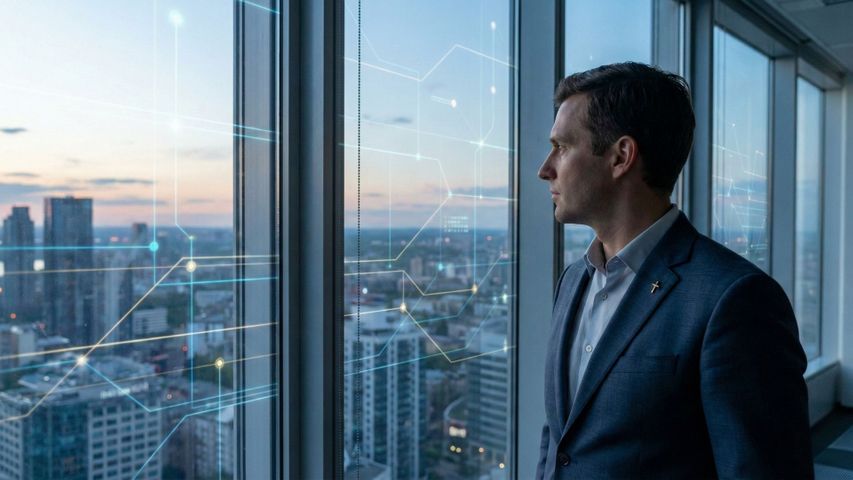 Christian business leader looking out an office window with subtle digital network overlay.