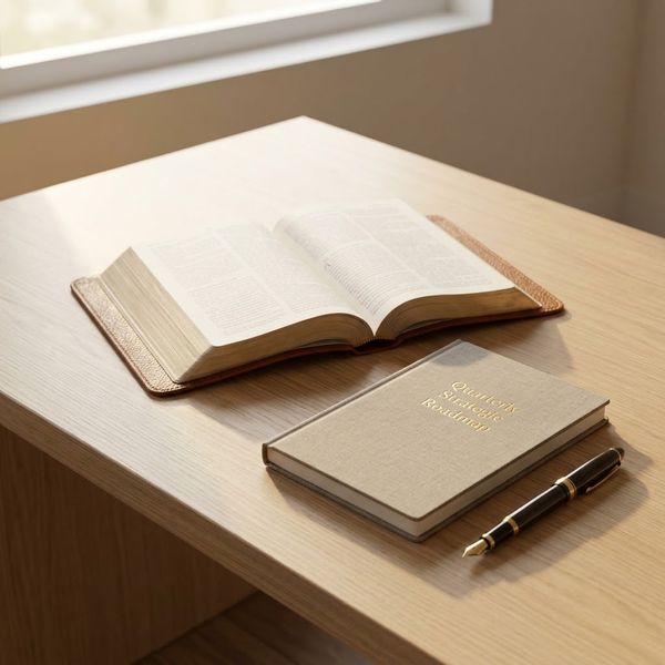 Open Bible and leather strategic roadmap binder arranged neatly on an executive desk in warm natural lighting.