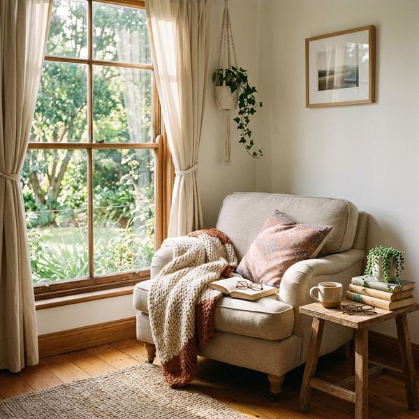 Warm, peaceful image of a quiet nook with a comfortable armchair near a sunlit window, calm and tranquil atmosphere.