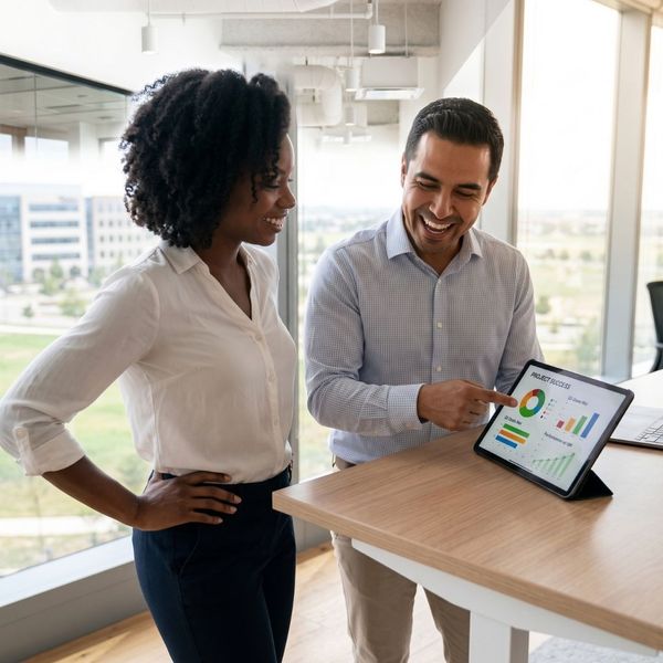 A smiling business professional standing confidently in a bright, modern open-plan office.