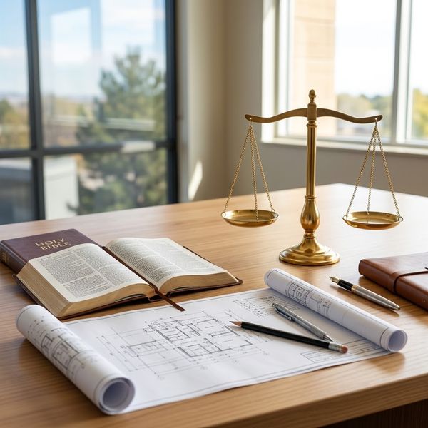 Modern workspace desk with an open Bible and architectural plans symbolizing grace, truth, and alignment.