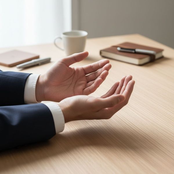 close-up view of a person's open hands resting palms-up on the surface of a clean wooden desk close-up view of a person's open hands resting palms-up on the surface of a clean wooden desk