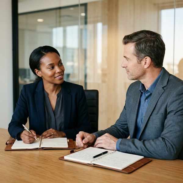 Two professionals engaged in an honest, collaborative conversation seated at an oak table with notebooks.