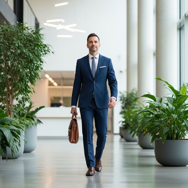 A leader walks confidently through a bright, green office lobby.