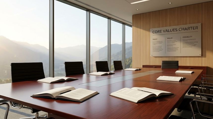 Sunlit corporate boardroom with strategic planning notes and a values charter plaque displayed on a warm timber wall.