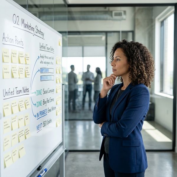 Business leader reviewing a reconciled executive strategy and clear action items on an office whiteboard.