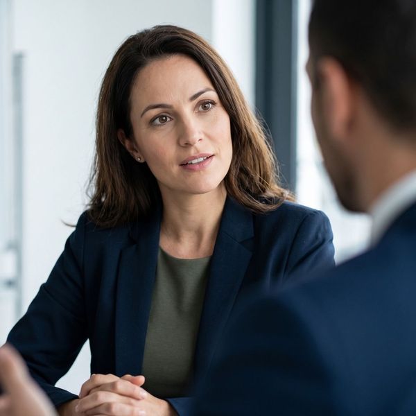 A female leader listening attentively during a one-on-one conversation with a colleague.