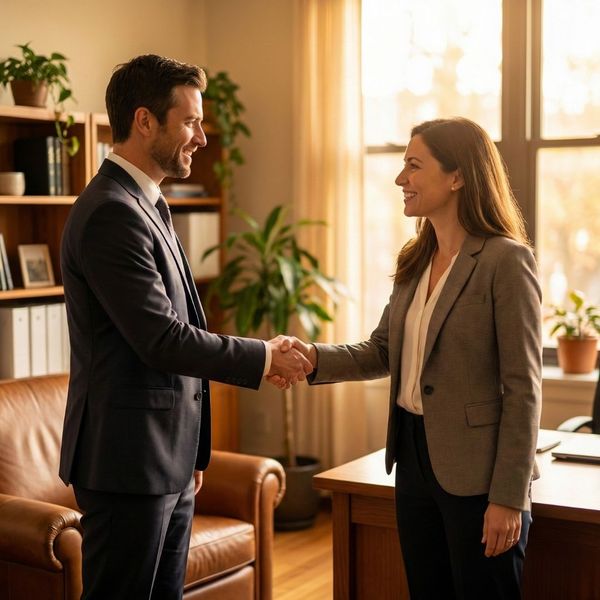 Two professionals shaking hands in a warm office setting.