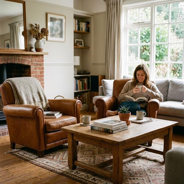 Inviting photograph of comfortable leather chairs arranged around a warm wooden coffee table in a cozy, sunlit room, welcoming vibe.