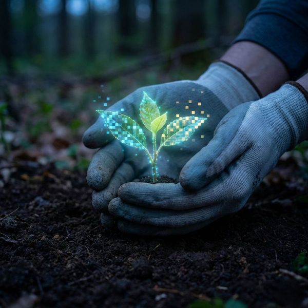 Hands holding a glowing seedling made of digital pixels and organic leaves.