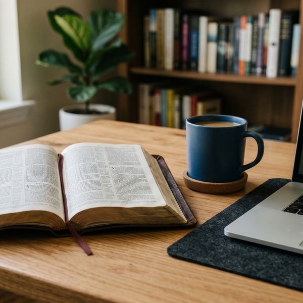 an open Bible next to a laptop and coffee mug on a desk