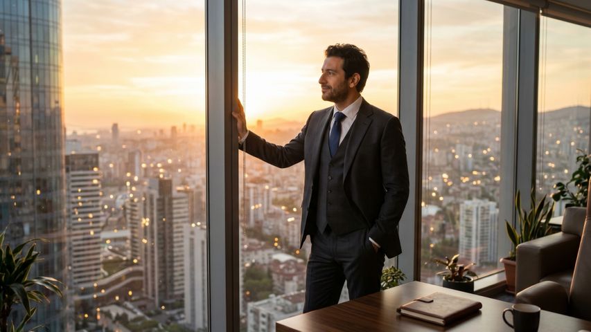 business executive standing by a large office window overlooking a city skyline