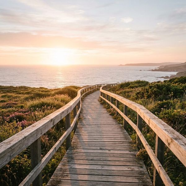 Warm, inspiring photo of a sunlit wooden path leading toward a soft, glowing horizon, peaceful and clean aesthetic.
