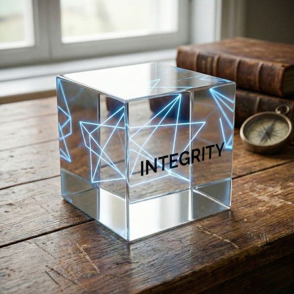 Transparent glass cube with blue light lines on a wooden table representing integrity.