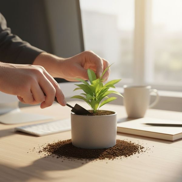 pair of hands gently adjusts the soil around a small green plant pair of hands gently adjusts the soil around a small green plant