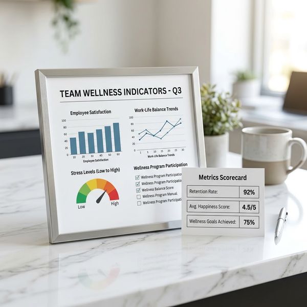 Framed company culture scorecard and impact dashboard resting neatly against an executive office marble shelf.