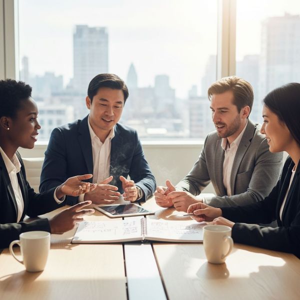 diverse group of colleagues actively listens and shares ideas during a bright and positive meeting diverse group of colleagues actively listens and shares ideas during a bright and positive meeting