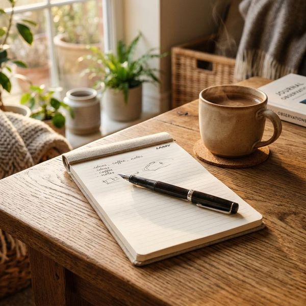 Cozy photo of a pen resting on a notepad next to a warm wooden table, soft golden sunlight streaming through a window, simple and clean.
