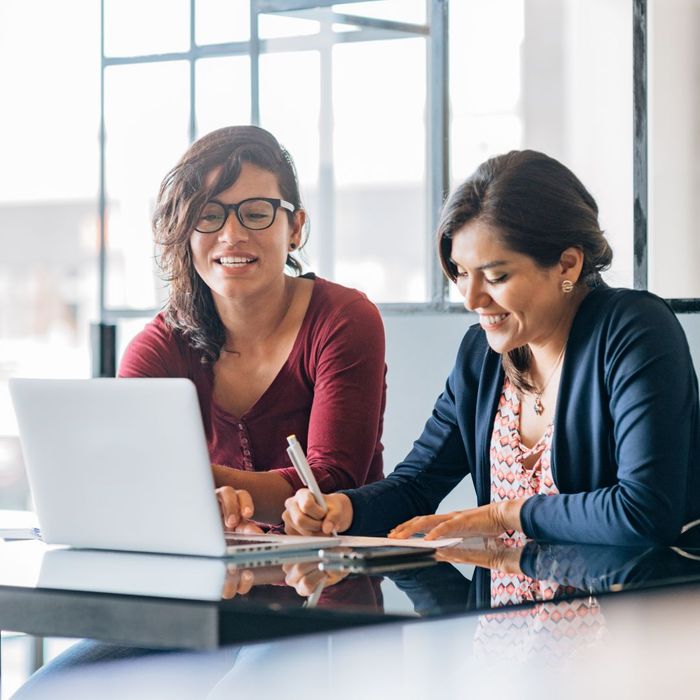 Two business partners smiling while looking a computer together Two business partners smiling while looking a computer together