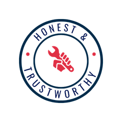 A circular logo representing honest and trustworthy HVAC and plumbing services by Pipe Doctors - Palm Beach. The design features a wrench icon and the text "HONEST & TRUSTWORTHY" in red and blue, symbolizing reliable service in the Palm Beach area. Pipe Doctors Palm Beach Honest & Trustworthy Service