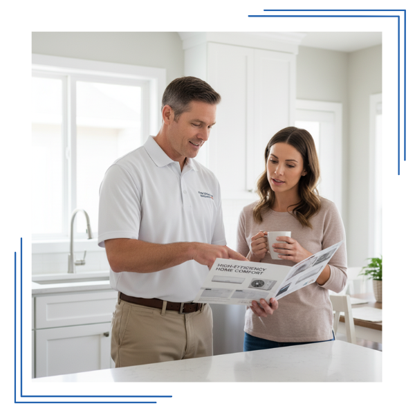 A professional contractor pointing to a high-efficiency central air conditioner brochure while discussing options with a homeowner in their kitchen