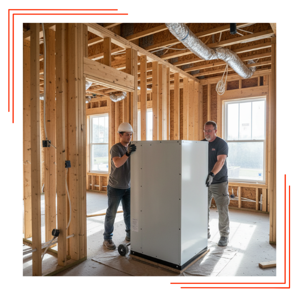 Two HVAC crew members maneuvering the indoor part of a new, large central air system into a designated space within a new construction home