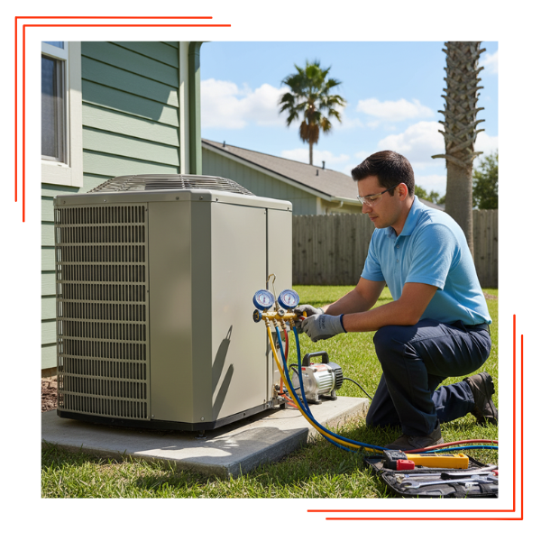 A technician using specialized equipment to check the refrigerant levels on an outdoor residential heat pump unit on a sunny day