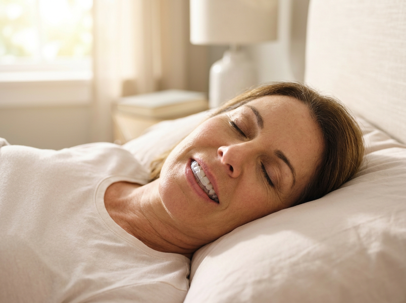 A middle-aged woman with light brown hair sleeps soundly in bed on a white pillow, wearing a clear dental night guard. Soft sunlight enters the room. Woman sleeping with a dental night guard