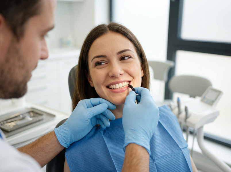 A dentist in blue gloves uses a tool to check the bright, smiling teeth of a happy female patient wearing a blue bib in a modern dental office. Dentist Examines Smiling Patient's Teeth