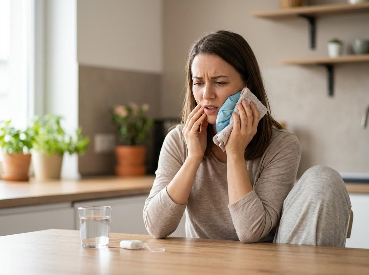 Woman with Toothache Applying Cold Compress
