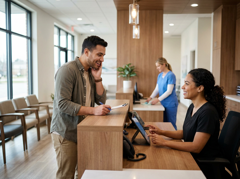 A male patient fills out paperwork at a clinic reception while a female receptionist assists him. Another nurse works in the background. Smiling man checking in at a modern medical reception desk