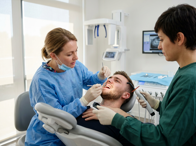 Dentist and Assistant Treating Male Patient