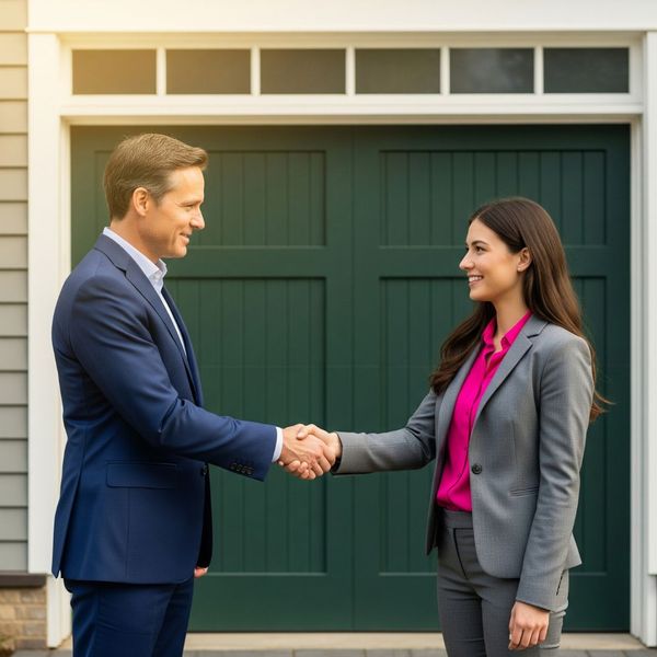 Close-up of a handshake in front of a home's garage Close-up of a handshake in front of a home's garage