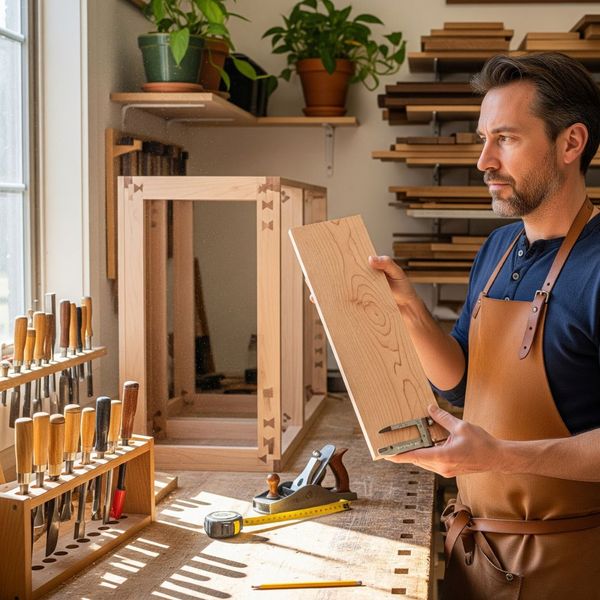 A cabinetmaker carefully inspecting wood, representing high-quality and sustainable materials.