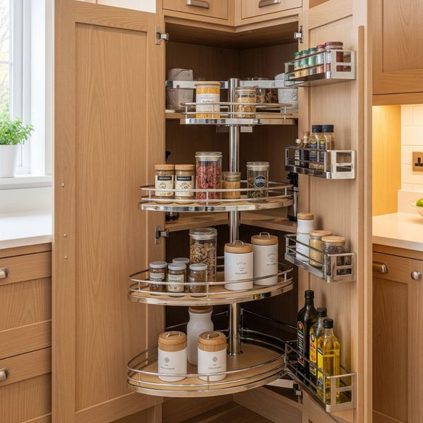 A detailed view of a custom kitchen cabinet interior with a unique, functional storage solution. A detailed view of a custom kitchen cabinet interior with a unique, functional storage solution.