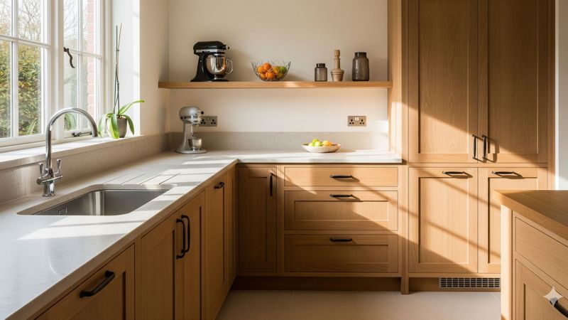 A spacious, modern kitchen with light wood custom cabinetry, a stone countertop, and natural light.