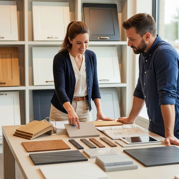 A cabinetry designer and homeowner discussing material samples during a consultation. A cabinetry designer and homeowner discussing material samples during a consultation.