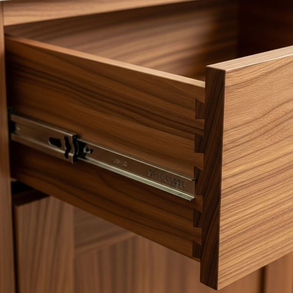 A close-up of a high-quality, dark wood custom cabinet drawer with visible craftsmanship details. A close-up of a high-quality, dark wood custom cabinet drawer with visible craftsmanship details.