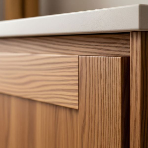 A close-up of a high-quality kitchen cabinet door made of rich, durable wood.