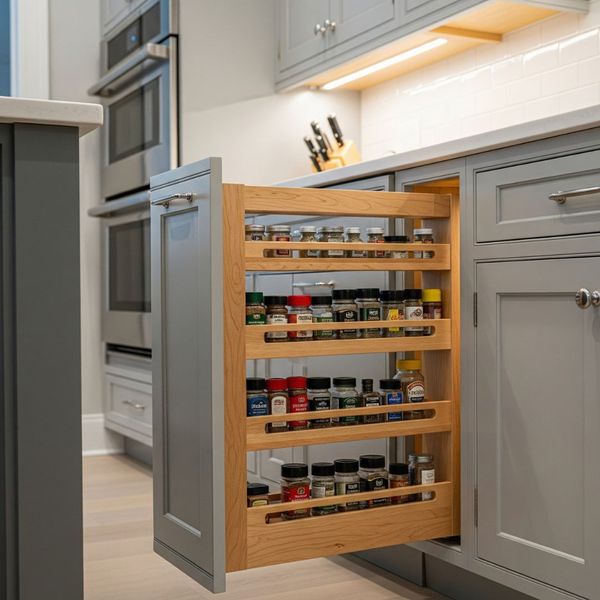 A modern custom cabinet interior showing a clever, functional storage solution