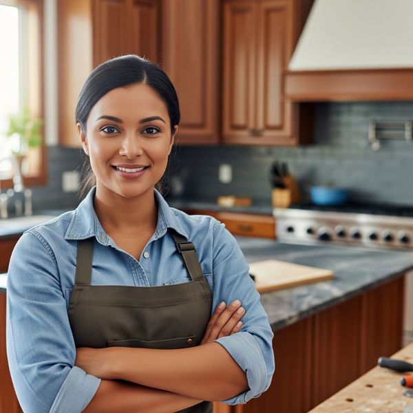 A proud small business owner standing in front of their cabinetry workshop A proud small business owner standing in front of their cabinetry workshop