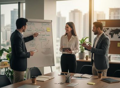 Business professionals discussing strategy in a modern office