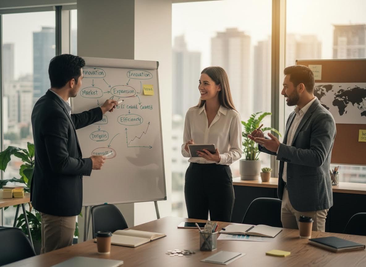 Business professionals discussing strategy in a modern office