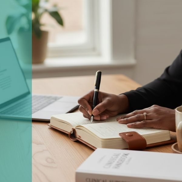 A therapist documenting their clinical hours and reflections for professional licensure.