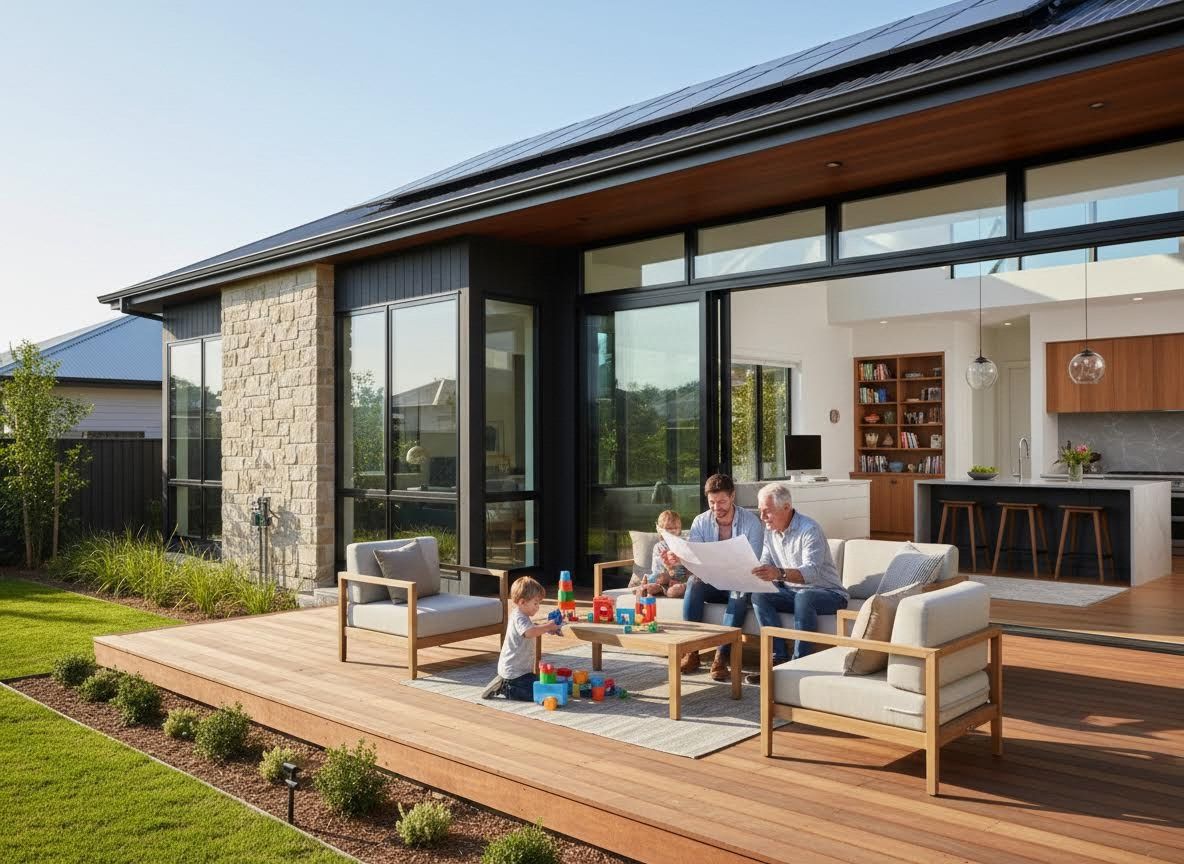 Family on Modern Deck with Solar Panel Home