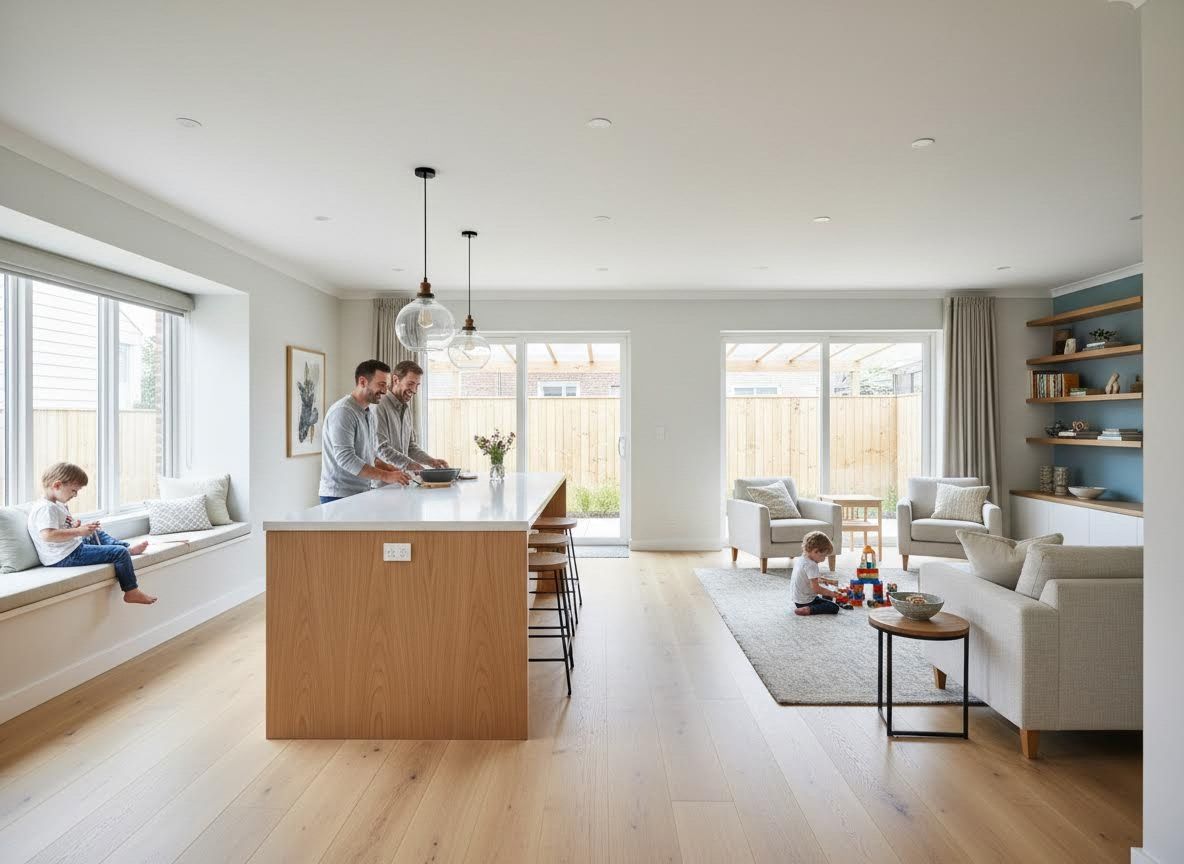 Two dads and their kids in a modern open-plan home