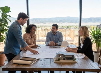 Architects and clients reviewing house blueprints