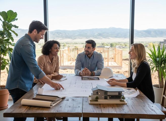 Four professionals discussing building plans and a house model at a table, with a construction site and mountains visible outside. Architects and clients reviewing house blueprints