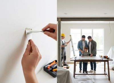 A diptych: hands patching a wall with spackle; two men and a child reviewing blueprints with a contractor during home renovation. Home Renovation Activities