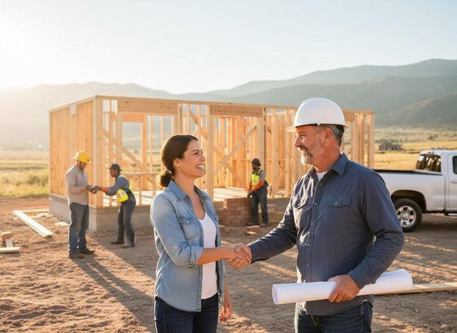 A smiling woman shakes hands with a male contractor in a hard hat, holding blueprints, at a new house construction site with framing and workers. Client and Contractor Handshake at Construction Site